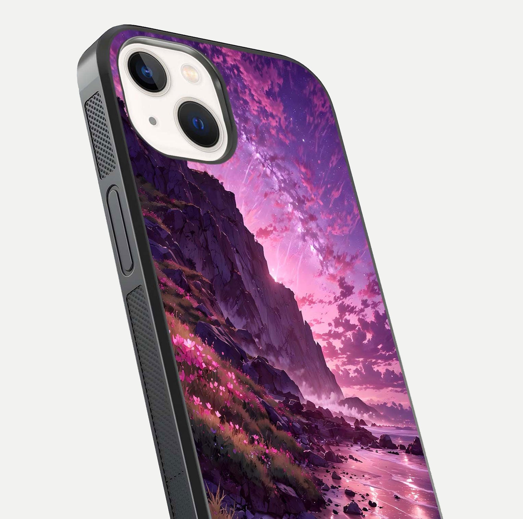 Twilight Blossom Coast Glass Case for iPhone 14 close-up angled shot highlighting gradient sky and reflection