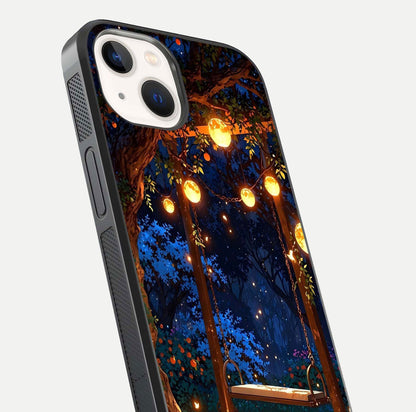 Twilight Garden Swing Glass Case for iPhone 14 close-up angled shot highlighting floral tones and reflection