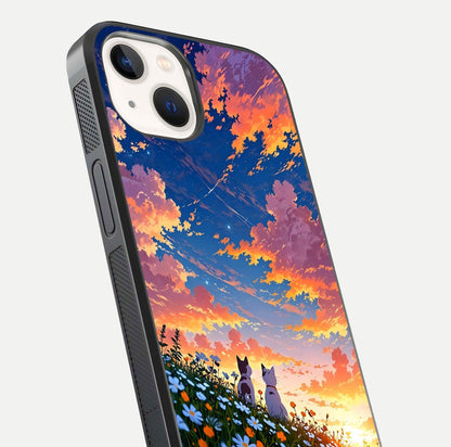 Two Cats Friends Glass Case for iPhone 16 Pro close-up angled shot highlighting cat illustrations and soft reflection