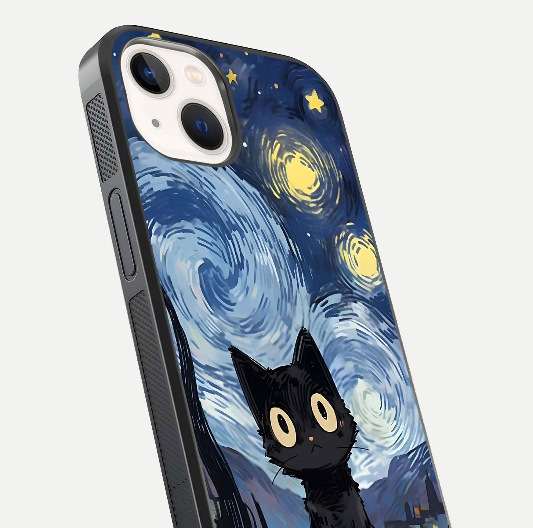 Van Gogh Cat Glass Case for iPhone 16 Pro close-up angled shot highlighting brushstroke texture and reflection