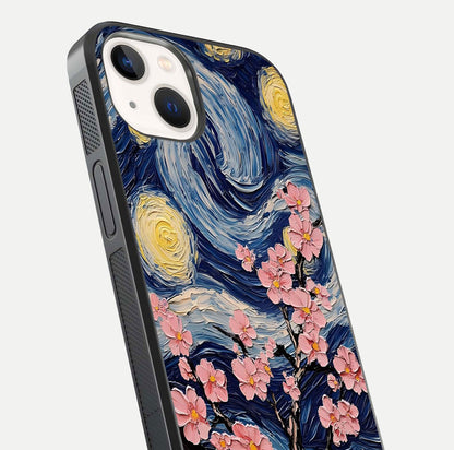 Van Gogh Scenery Glass Case for iPhone 14 close-up angled shot highlighting brushwork texture and color depth