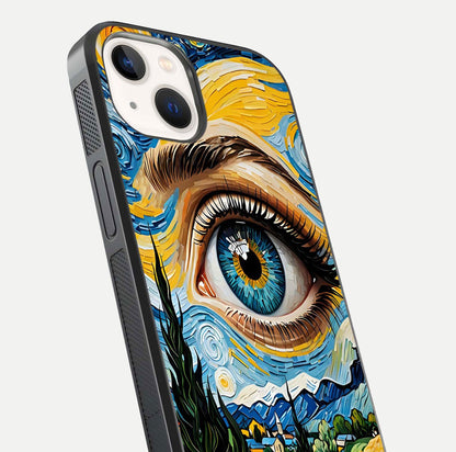 Van Gogh Eye Glass Case for iPhone 16 Pro close-up angled shot highlighting color blend and gloss reflection