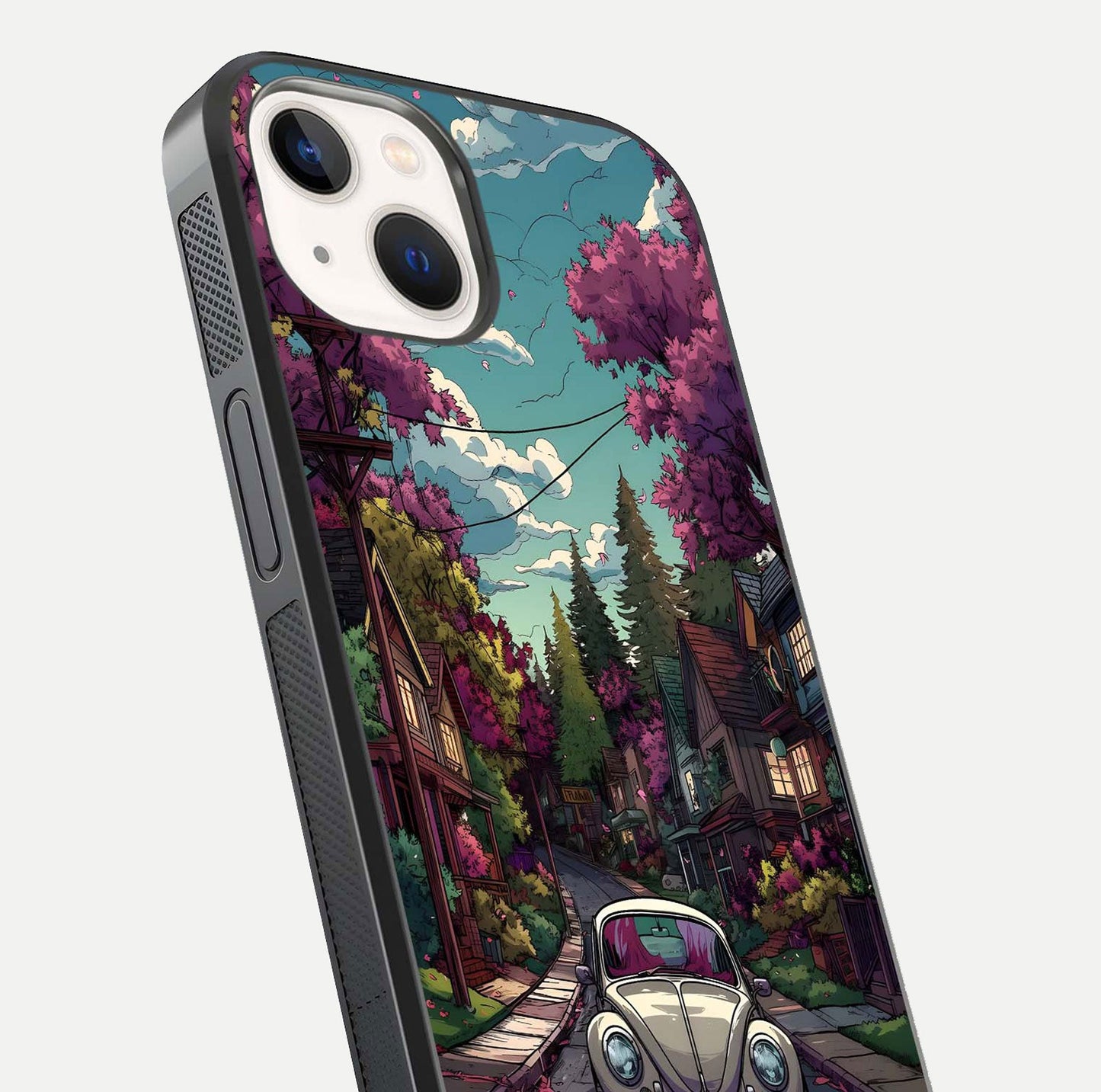 Vintage Street Drive Glass Case for iPhone 16 Pro close-up angled shot highlighting vintage tones and reflection