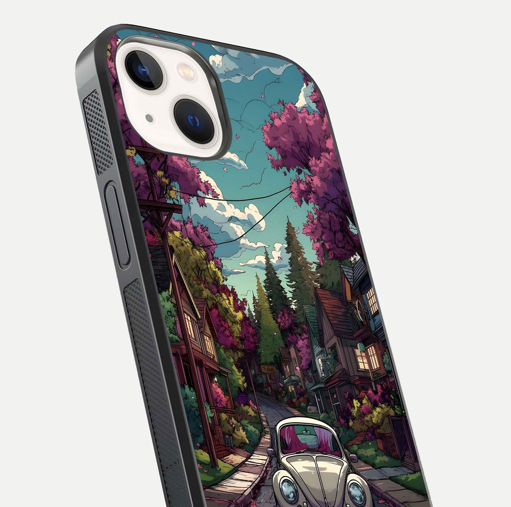 Vintage Street Drive Glass Case for iPhone 16 Pro close-up angled shot highlighting vintage tones and reflection