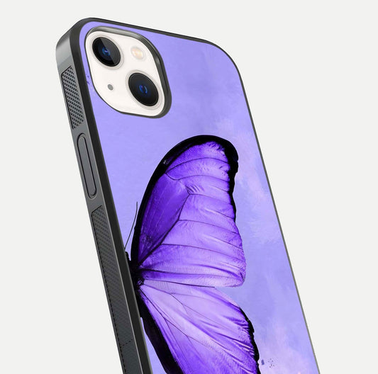 Violet Dream Wing Glass Case for iPhone 14 close-up angled shot highlighting wing texture and reflection