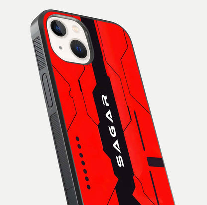 Voltage Rise CYBERPUNK Custom Name Glass Case for iPhone 14 close-up angled shot highlighting neon glow and reflection