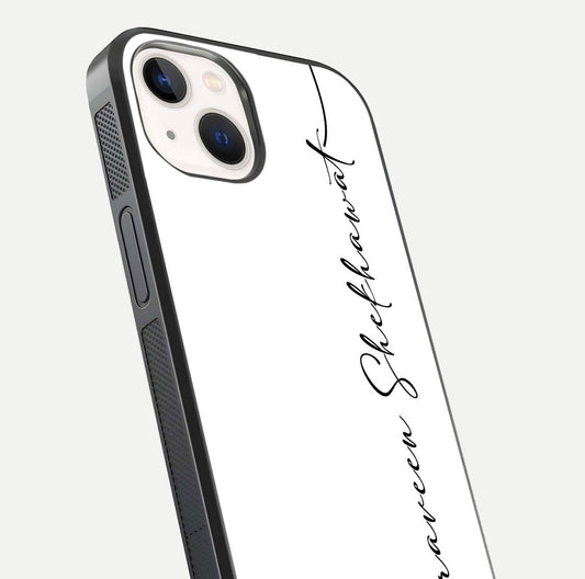 White Tune Custom Name Glass Case for iPhone 14 close-up angled shot highlighting gloss reflection and texture
