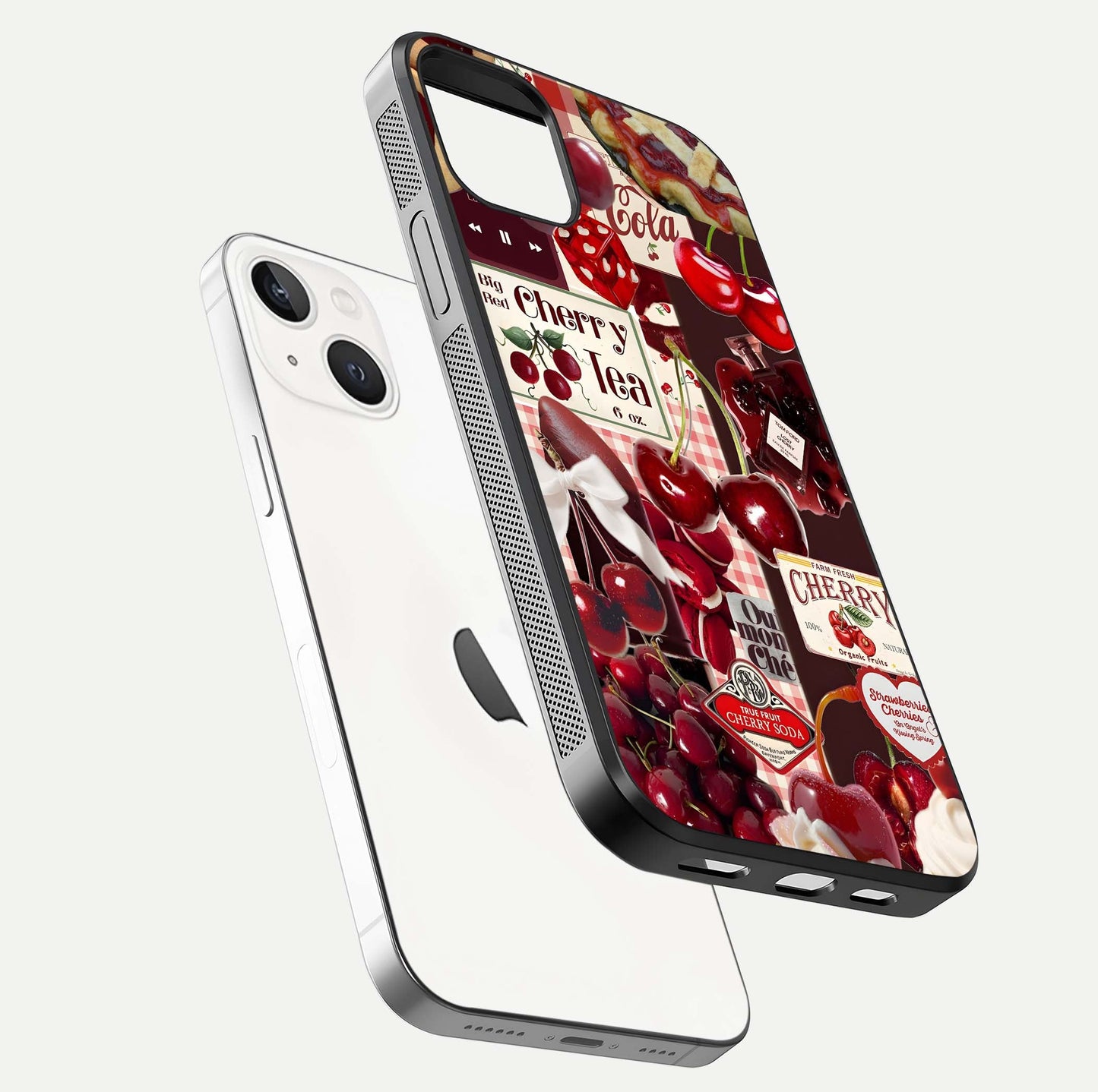 Aesthetic Cherry Tea Glass Case for iPhone 16 Pro floating dual-view mockup showing edge design and detailed cherry pattern gloss texture