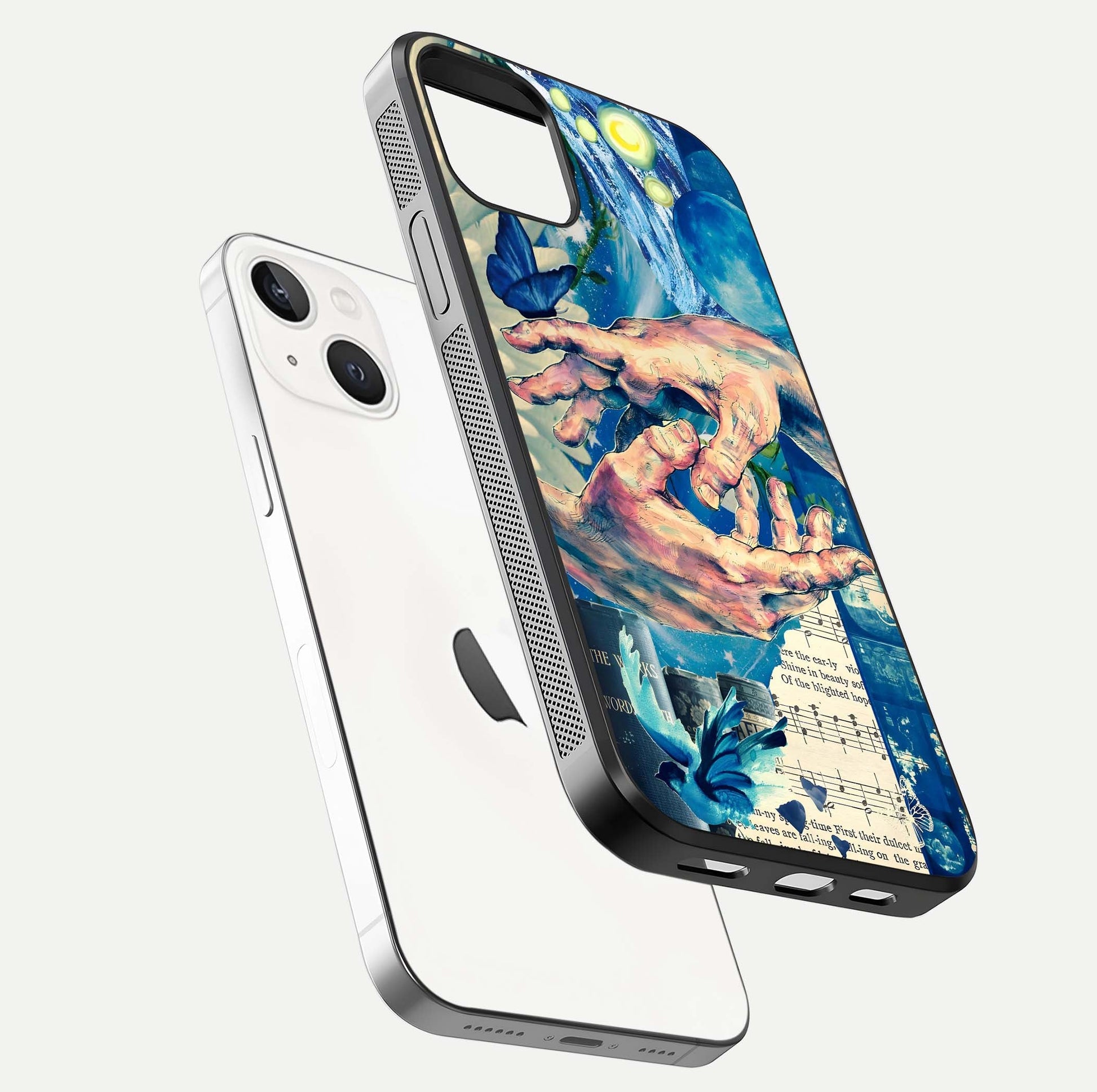 Aesthetic Divider Glass Case for iPhone 16 Pro floating dual-view mockup showing edge design and detailed divider gloss texture