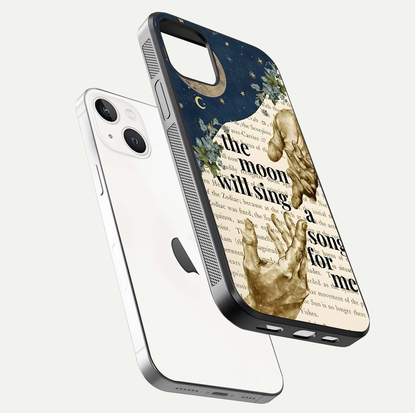 Aesthetic Divine Glass Case for iPhone 16 Pro floating dual-view mockup showing edge design and divine art gloss texture