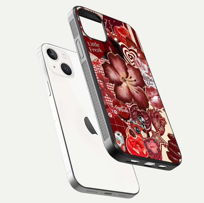 Aesthetic Little Freak Glass Case for iPhone 16 Pro floating dual-view mockup showing edge design and detailed collage gloss texture