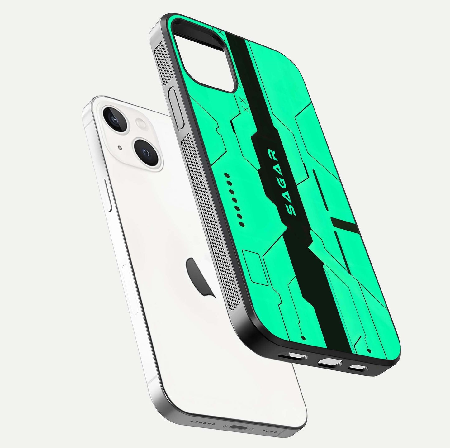 Aqua Tech CYBERPUNK Custom Name Glass Case for iPhone 16 Pro floating mockup highlighting name customization area