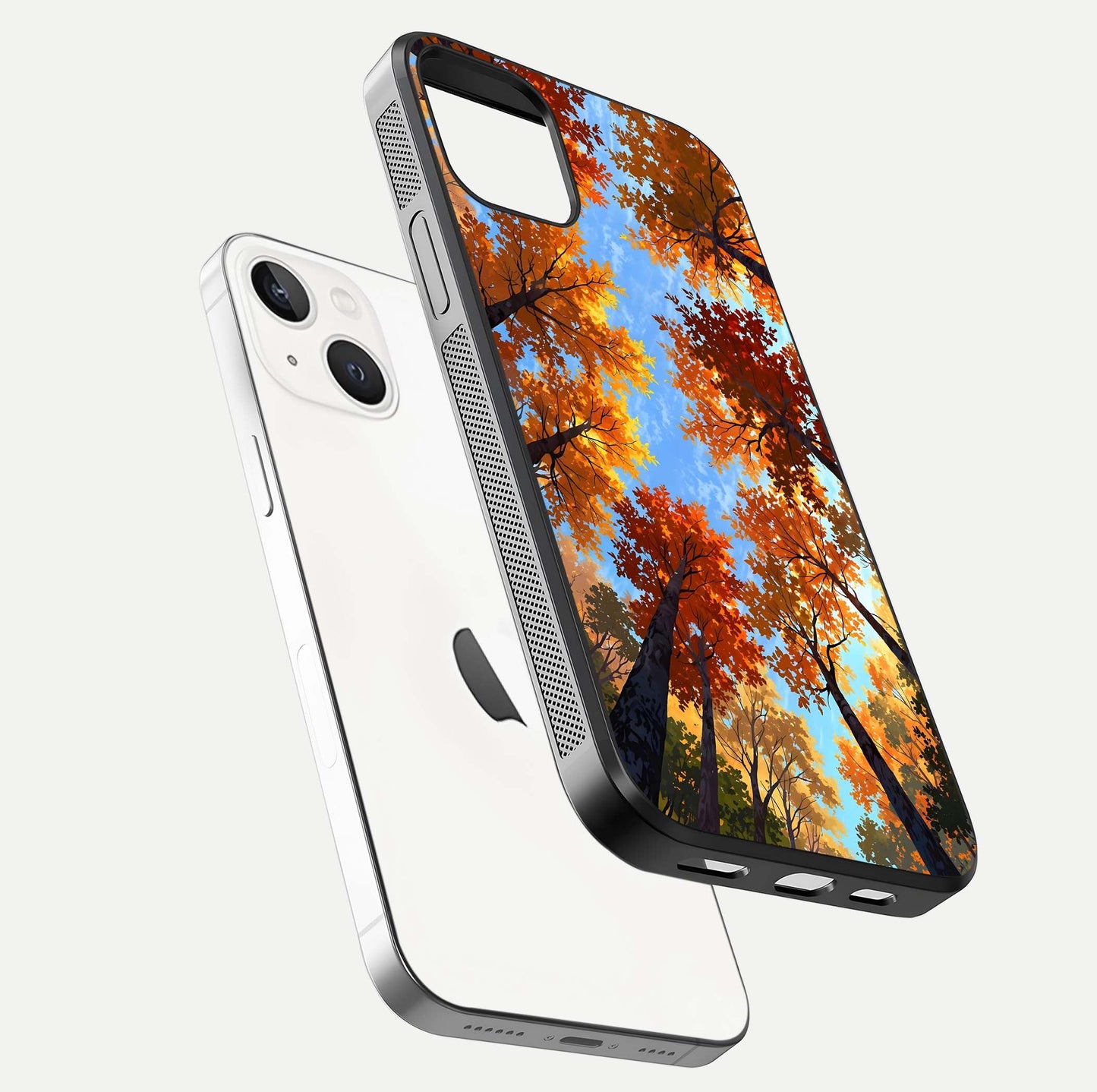 Autumn Sky Rise Glass Case for iPhone 16 Pro floating dual-view mockup with sky horizon and glossy highlights