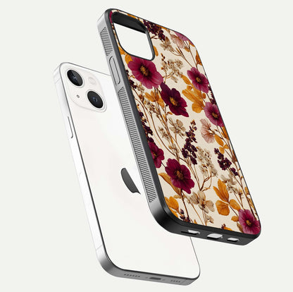 Autumn Wine Bloom Glass Case for iPhone 16 Pro floating mockup with premium floral gradient and protection edge