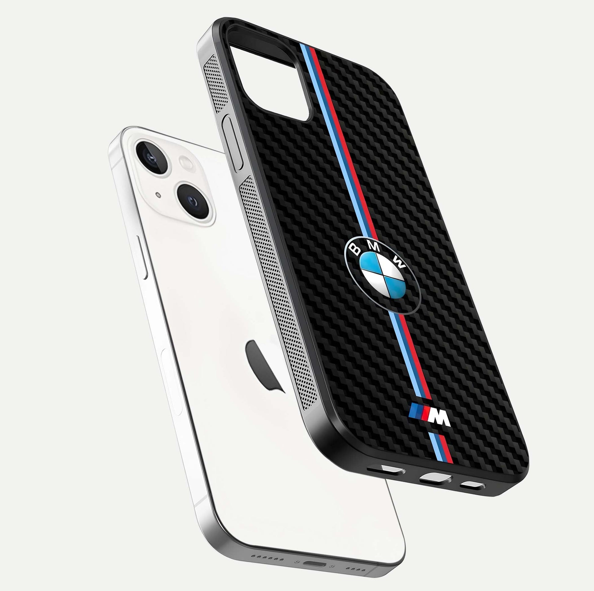 BMW Pattern Glass Case for iPhone 14 floating mockup highlighting clean lines and metallic accent reflection