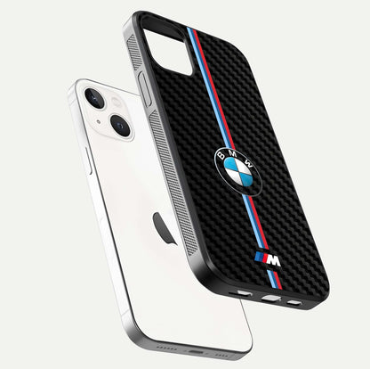 BMW Pattern Glass Case for iPhone 14 floating mockup highlighting clean lines and metallic accent reflection