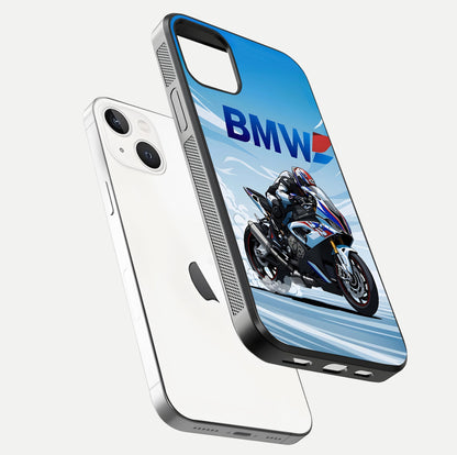 BMW Power Drift Glass Case for iPhone 14 floating mockup displaying bold drift artwork and glossy polish
