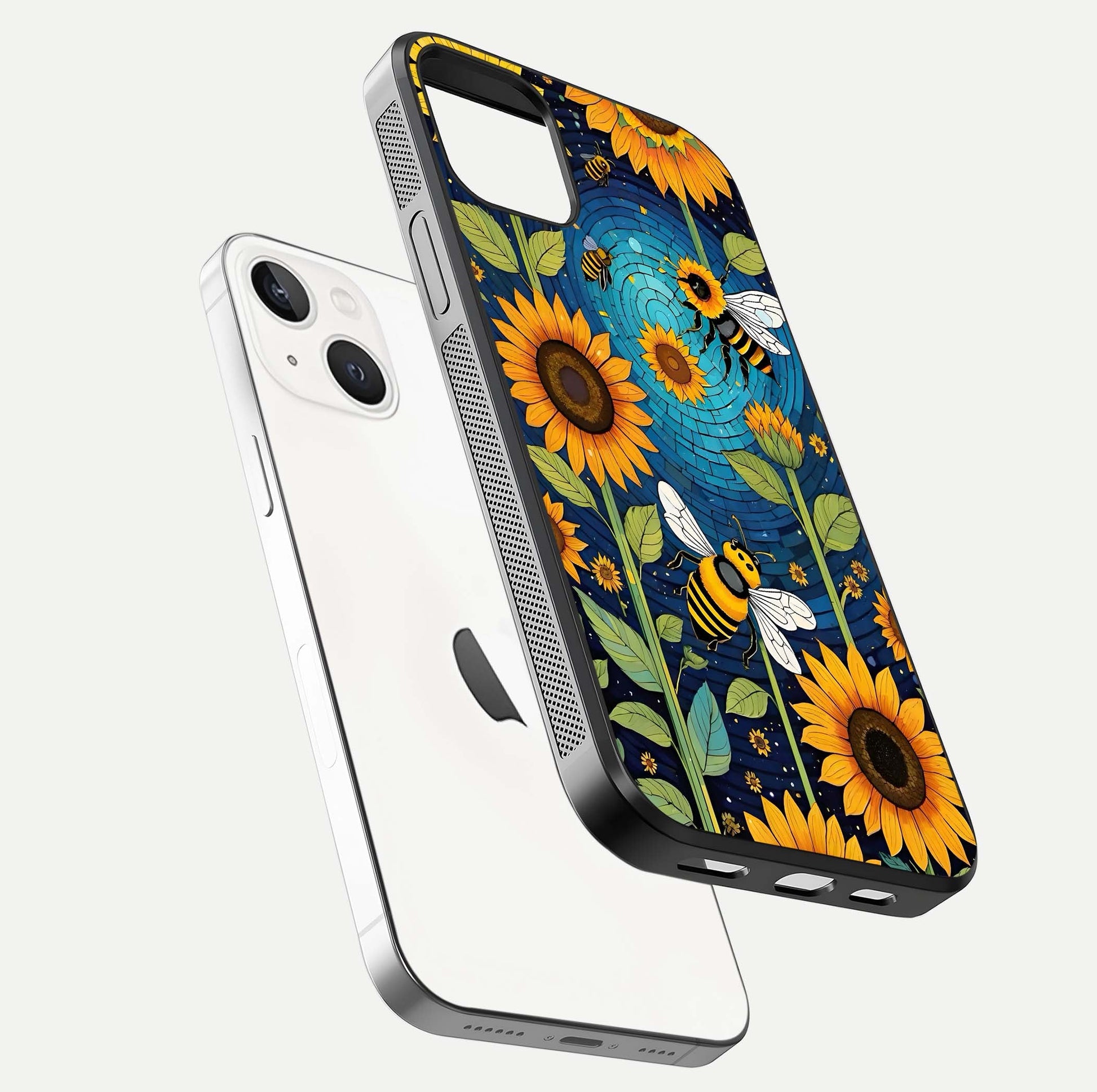 Bees & Sunflowers Glass Case for iPhone 16 Pro floating dual-view mockup displaying vibrant yellow tones and gloss texture