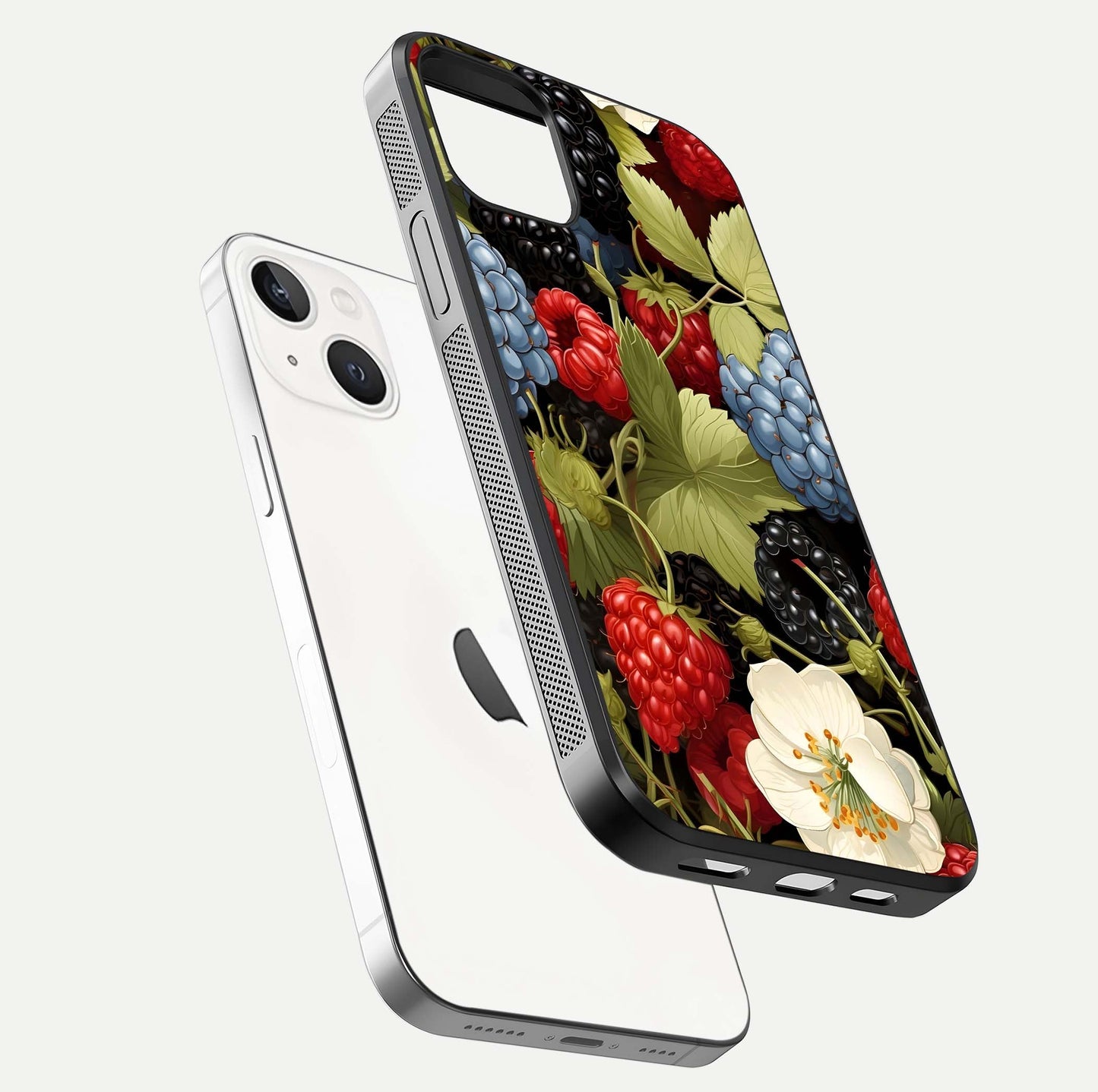 Berry Bloom Charm Glass Case for iPhone 14 floating mockup capturing glossy reflection and curved-edge finish