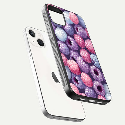 Berry Candy Pop Glass Case for iPhone 14 floating dual-view mockup highlighting gloss shine and curved edges