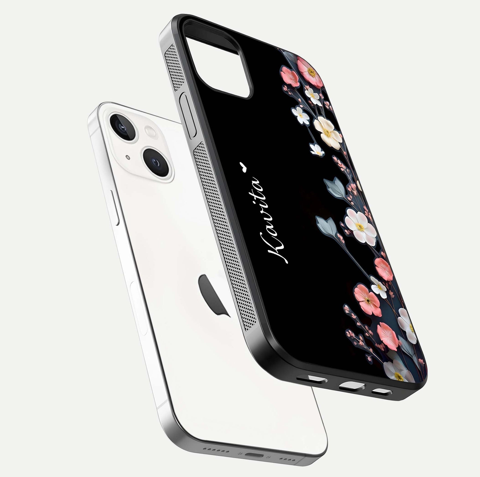 Black Elegance Floral Custom Name Glass Case for iPhone 16 Pro floating mockup emphasizing premium shine and floral art