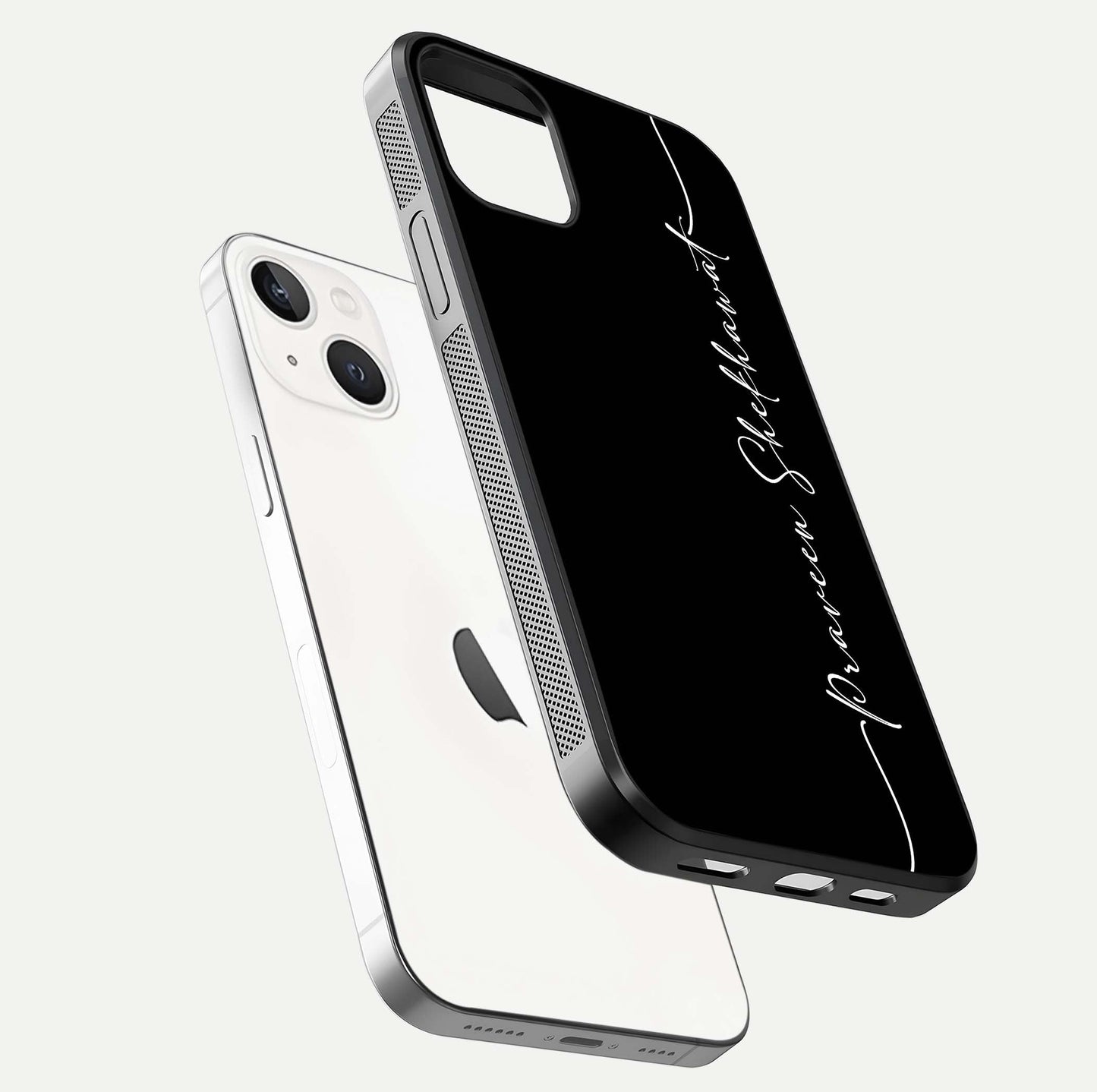 Black Tune Custom Name Glass Case for iPhone 14 floating dual-view mockup emphasizing modern glossy texture