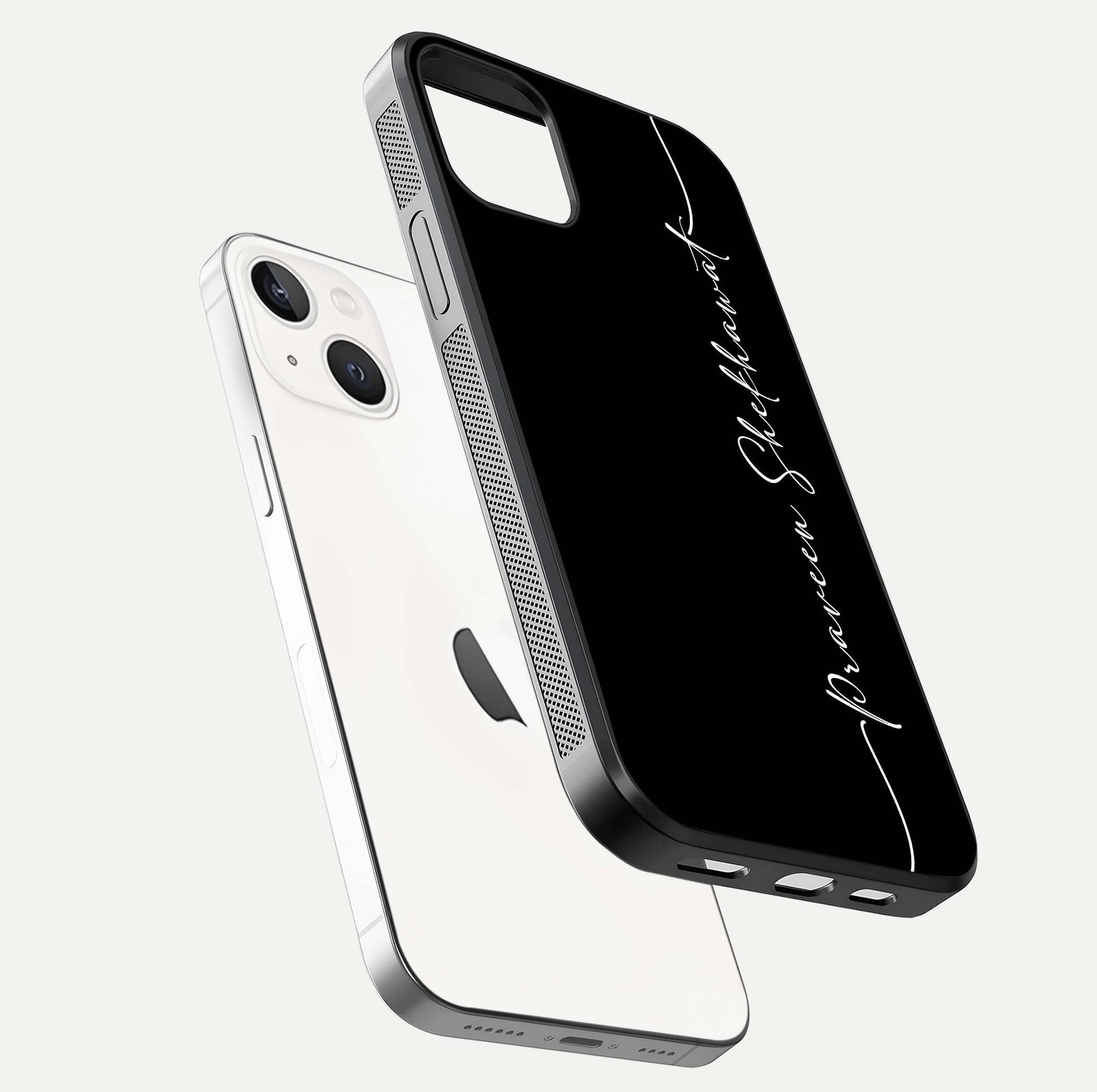 Black Tune Custom Name Glass Case for iPhone 14 floating dual-view mockup emphasizing modern glossy texture