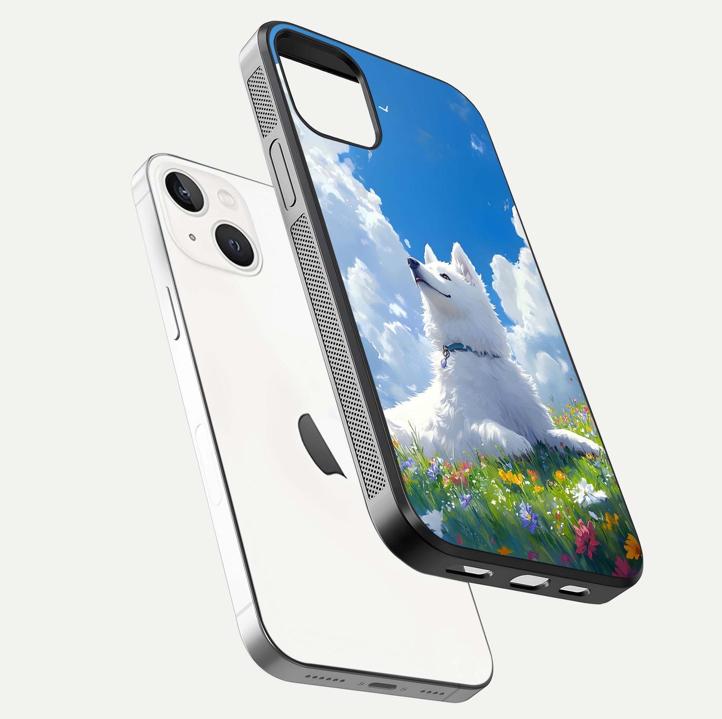 Blissful Cloud Pup Glass Case for iPhone 16 Pro floating mockup capturing playful aesthetic and gloss finish