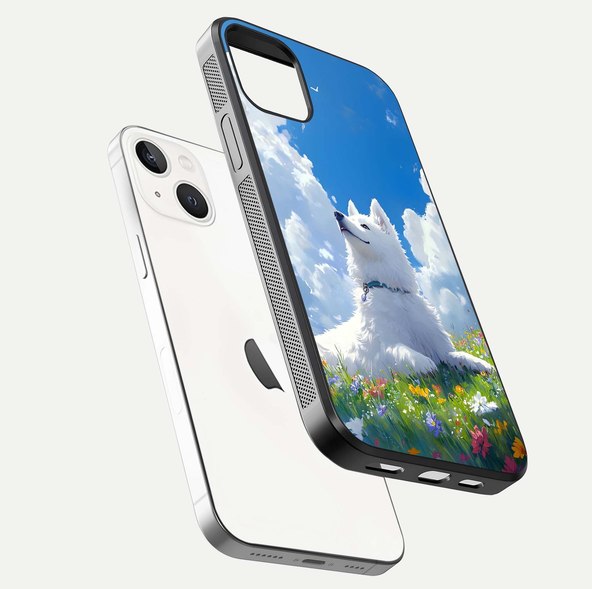 Blissful Cloud Pup Glass Case for iPhone 16 Pro floating mockup capturing playful aesthetic and gloss finish