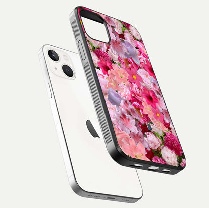 Bloom Crush Fantasy Glass Case for iPhone 16 Pro floating mockup showing floral pattern clarity and HD glass