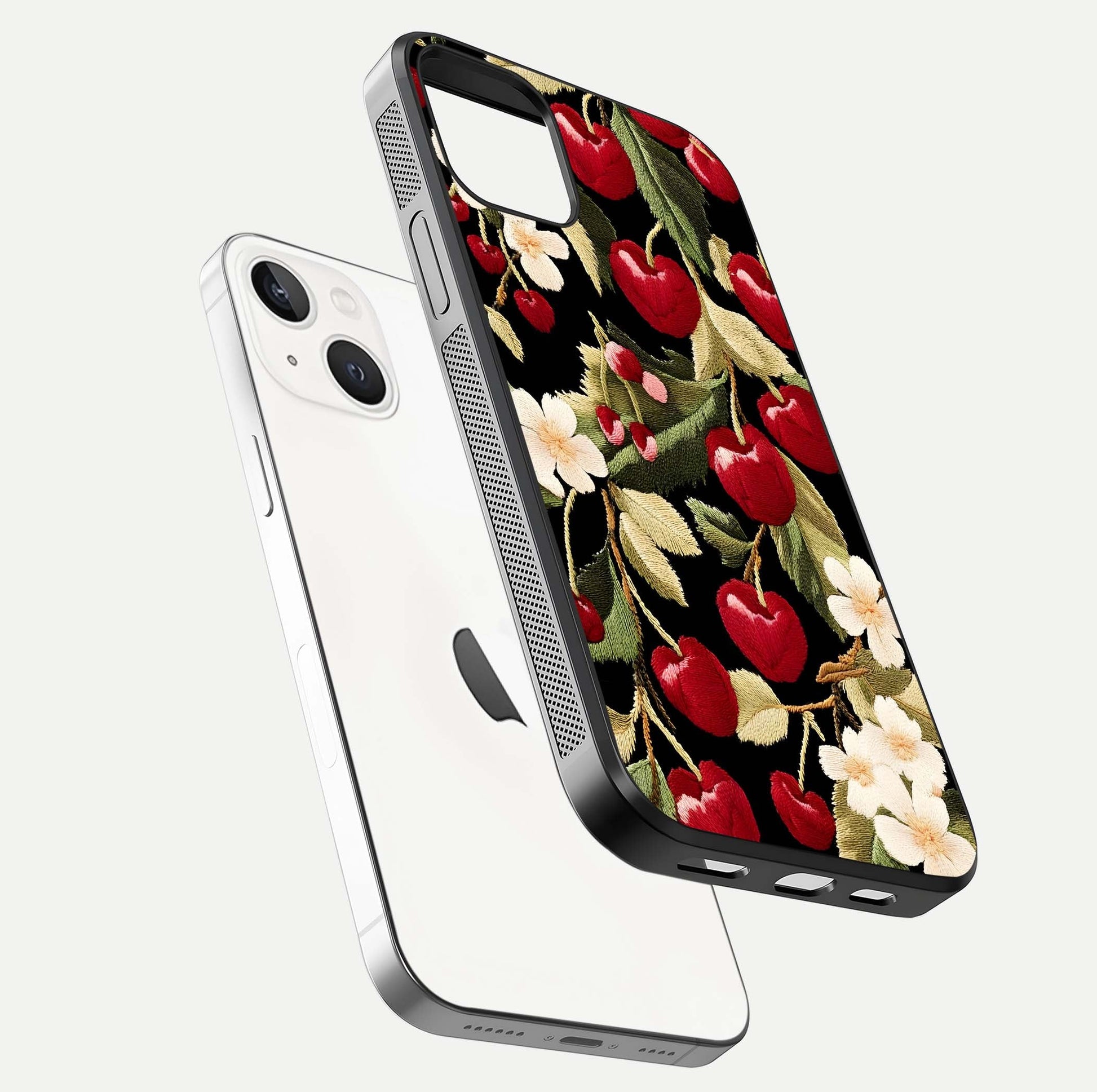 Bloom Thread Art Glass Case for iPhone 14 floating mockup showing premium reflection and stitched art vibe