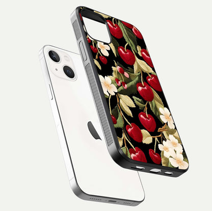 Bloom Thread Art Glass Case for iPhone 14 floating mockup showing premium reflection and stitched art vibe