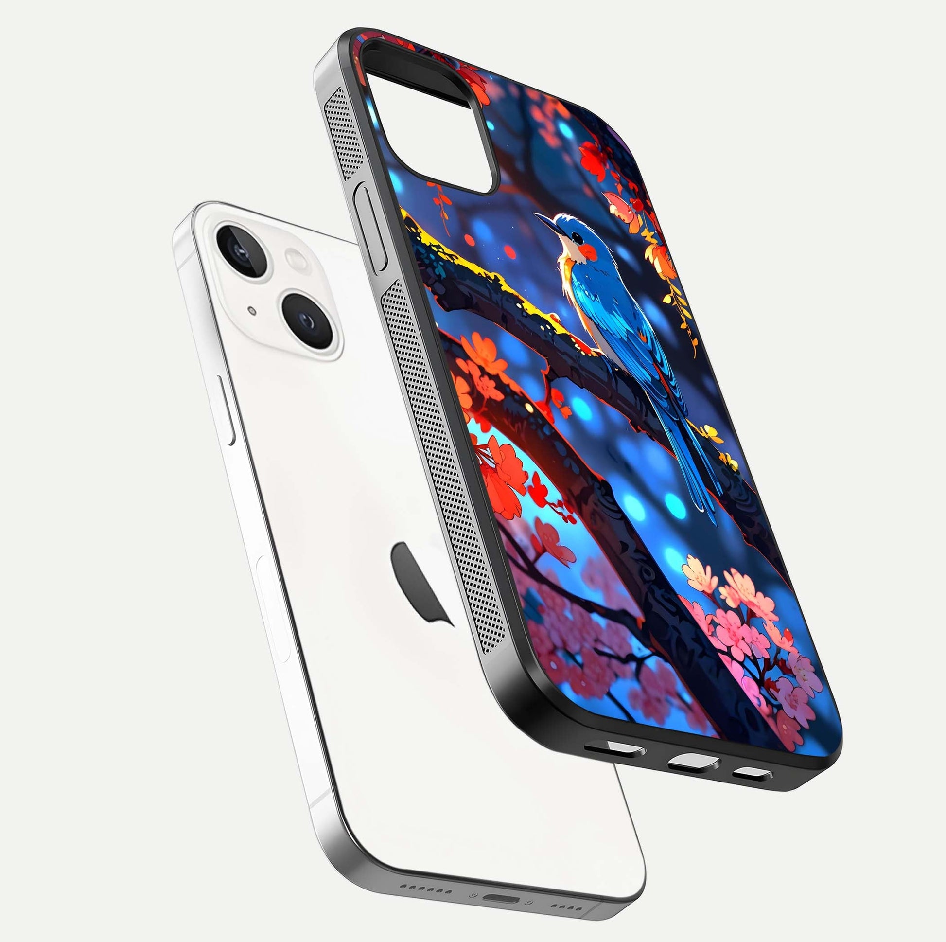 Blooming Spendor Bird Glass Case for iPhone 16 Pro floating dual-mockup capturing gloss tone and curved texture