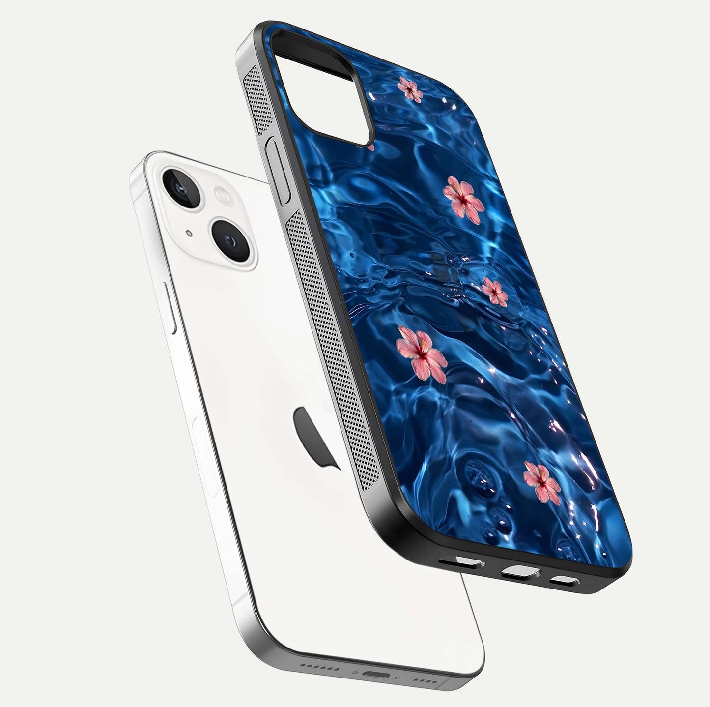 Blooming Water Drift Glass Case for iPhone 14 floating dual-view mockup showing floral drift pattern and reflective surface