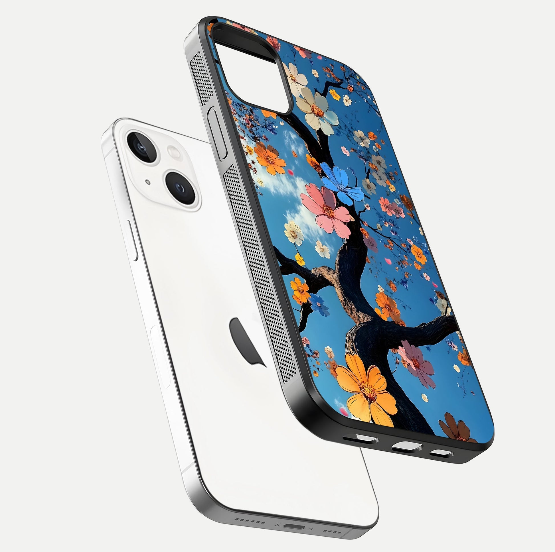 Blossom Dream Sky Glass Case for iPhone 16 Pro floating dual-mockup displaying smooth finish and elegant sky tones
