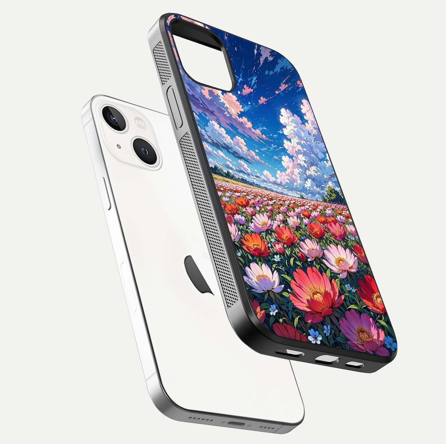 Blossom Sky Field Glass Case for iPhone 16 Pro floating mockup displaying sky bloom concept with smooth finish