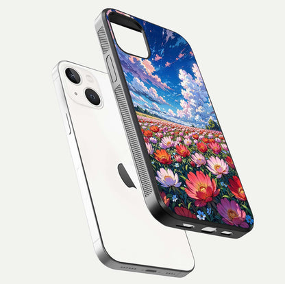 Blossom Sky Field Glass Case for iPhone 16 Pro floating mockup displaying sky bloom concept with smooth finish