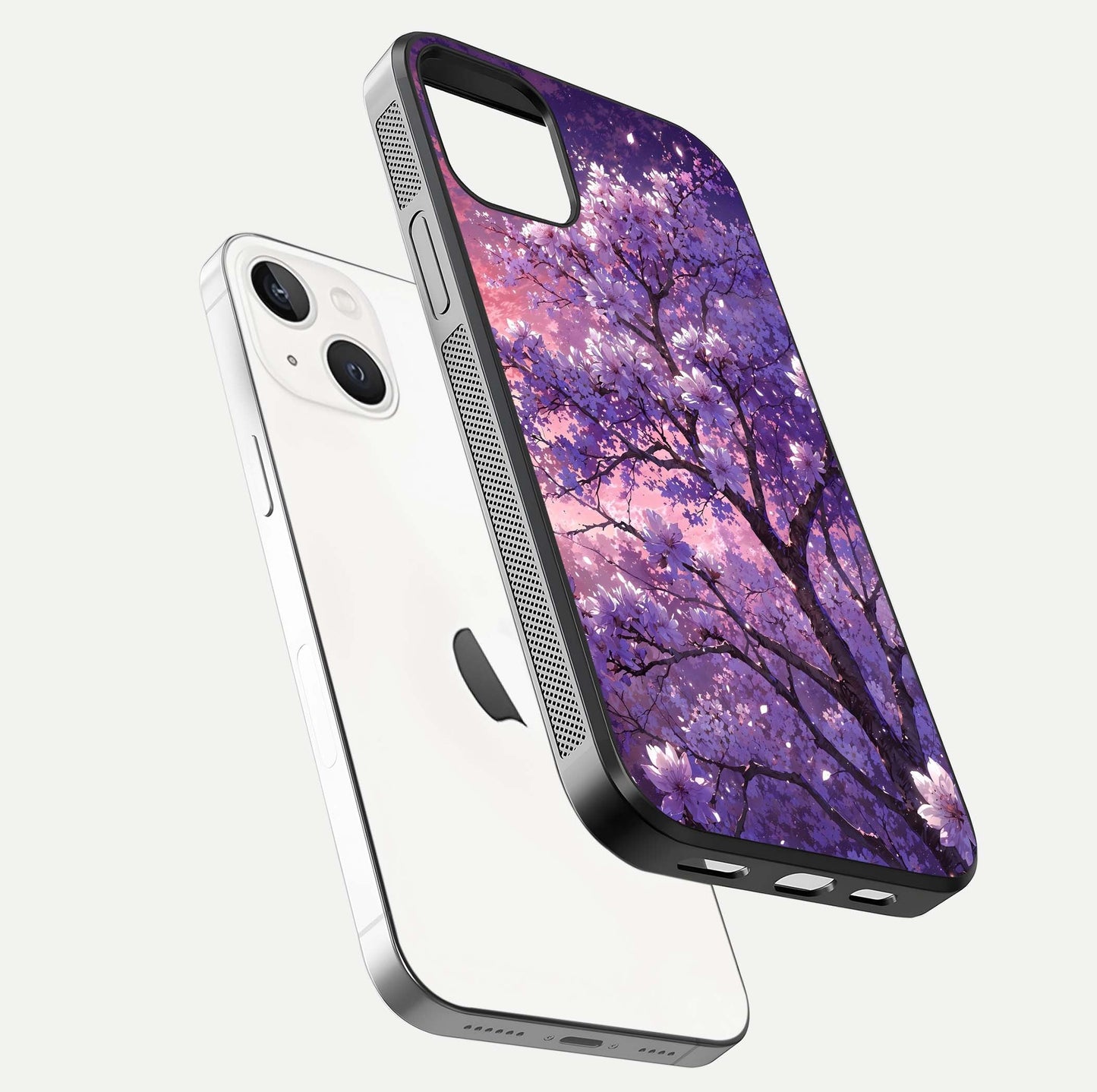 Blossom Tree Glass Case for iPhone 16 Pro floating dual-mockup displaying texture detail and curved edges