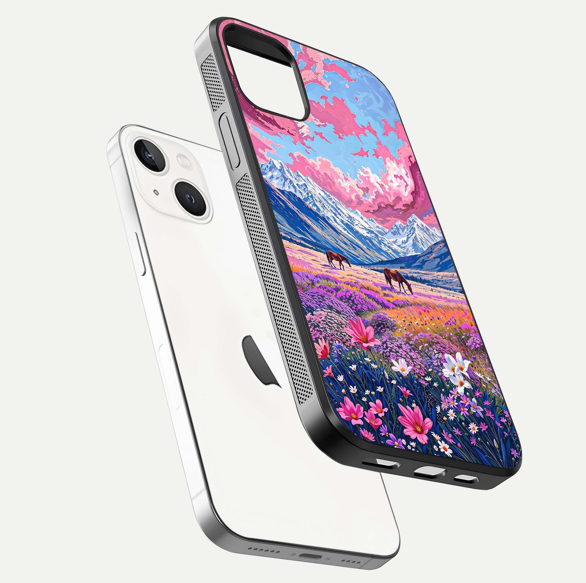 Blossom Valley Dream Glass Case for iPhone 14 floating mockup showing floral valley blend and reflective surface