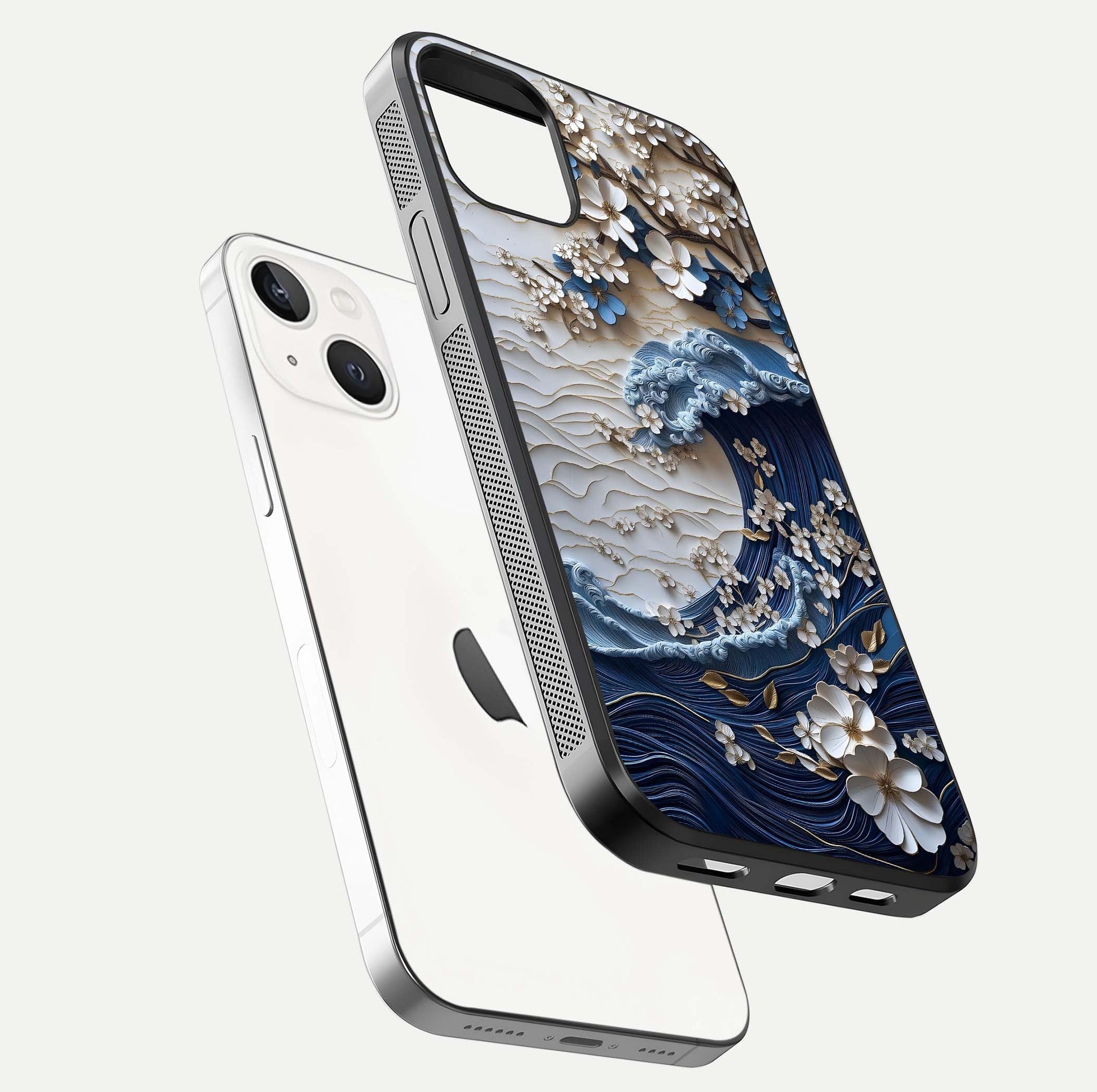 Blossom Wave Art Glass Case for iPhone 16 Pro floating mockup displaying pattern details and reflective shine