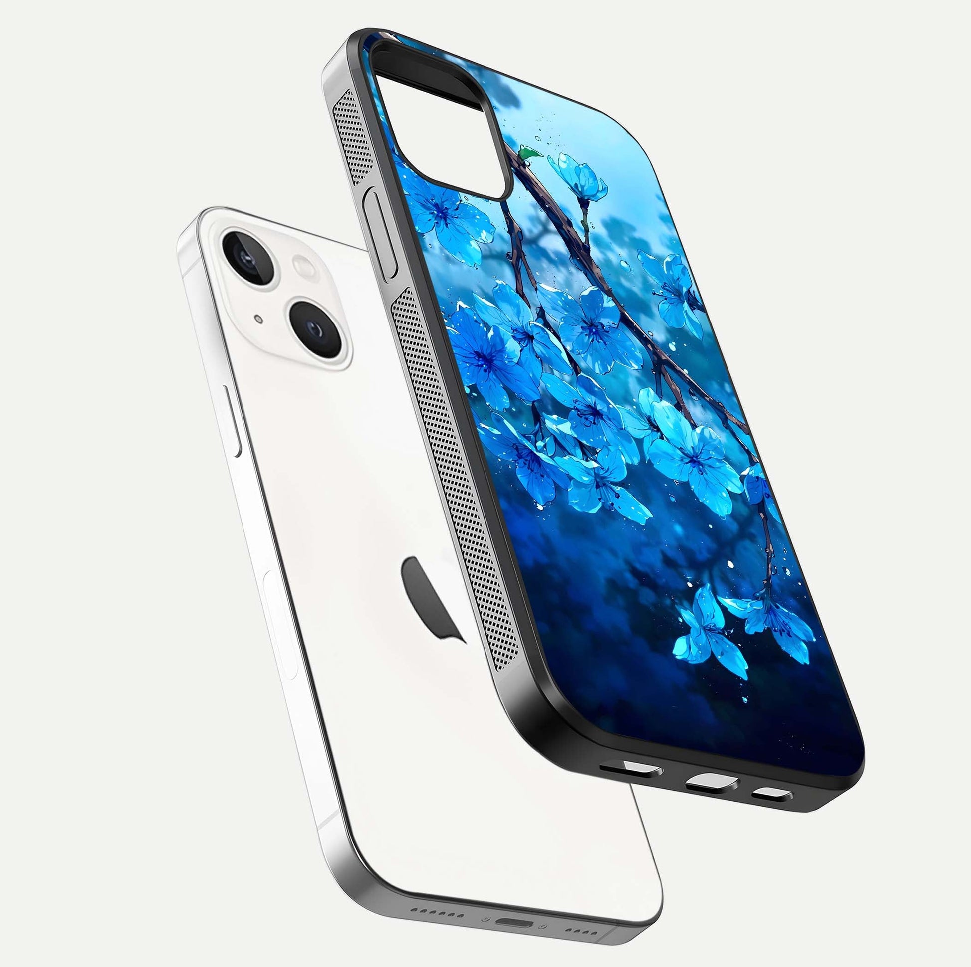 Blue Blossoms Branch Glass Case for iPhone 14 floating mockup showing shine, curved edges, and branch detailing