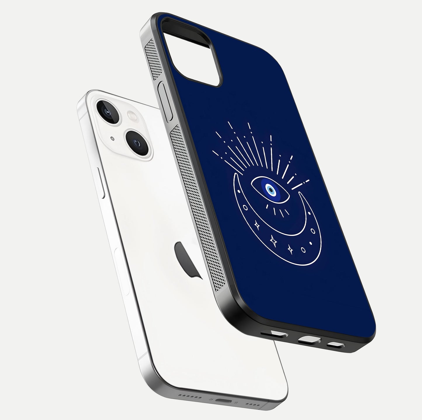 Blue Evil Eye Glass Case for iPhone 16 Pro floating mockup displaying glossy protection and spiritual artwork