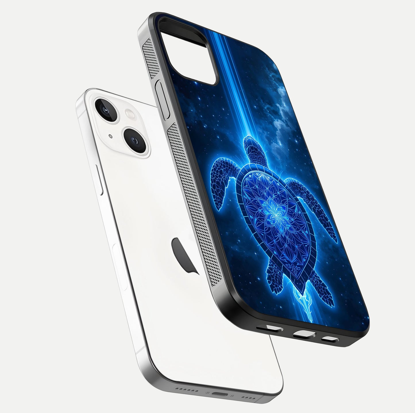 Blue Galaxy Turtle Glass Case for iPhone 16 Pro floating dual-mockup showing gloss depth and color transitions