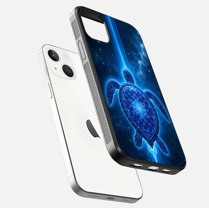 Blue Galaxy Turtle Glass Case for iPhone 16 Pro floating dual-mockup showing gloss depth and color transitions