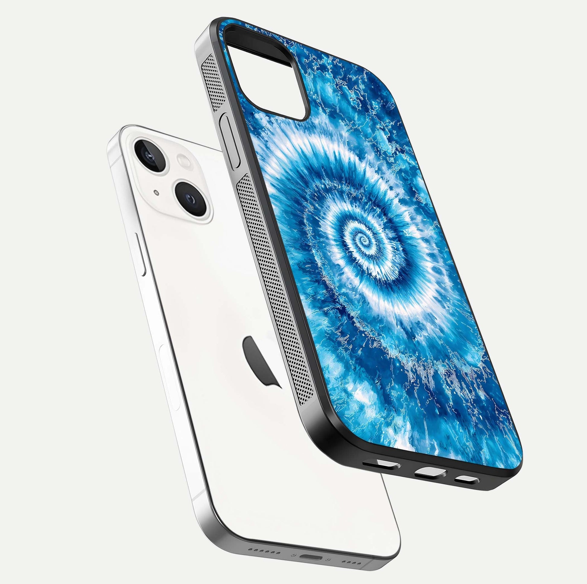Blue Galaxy Wave Glass Case for iPhone 14 floating mockup revealing cosmic depth and curved-edge texture