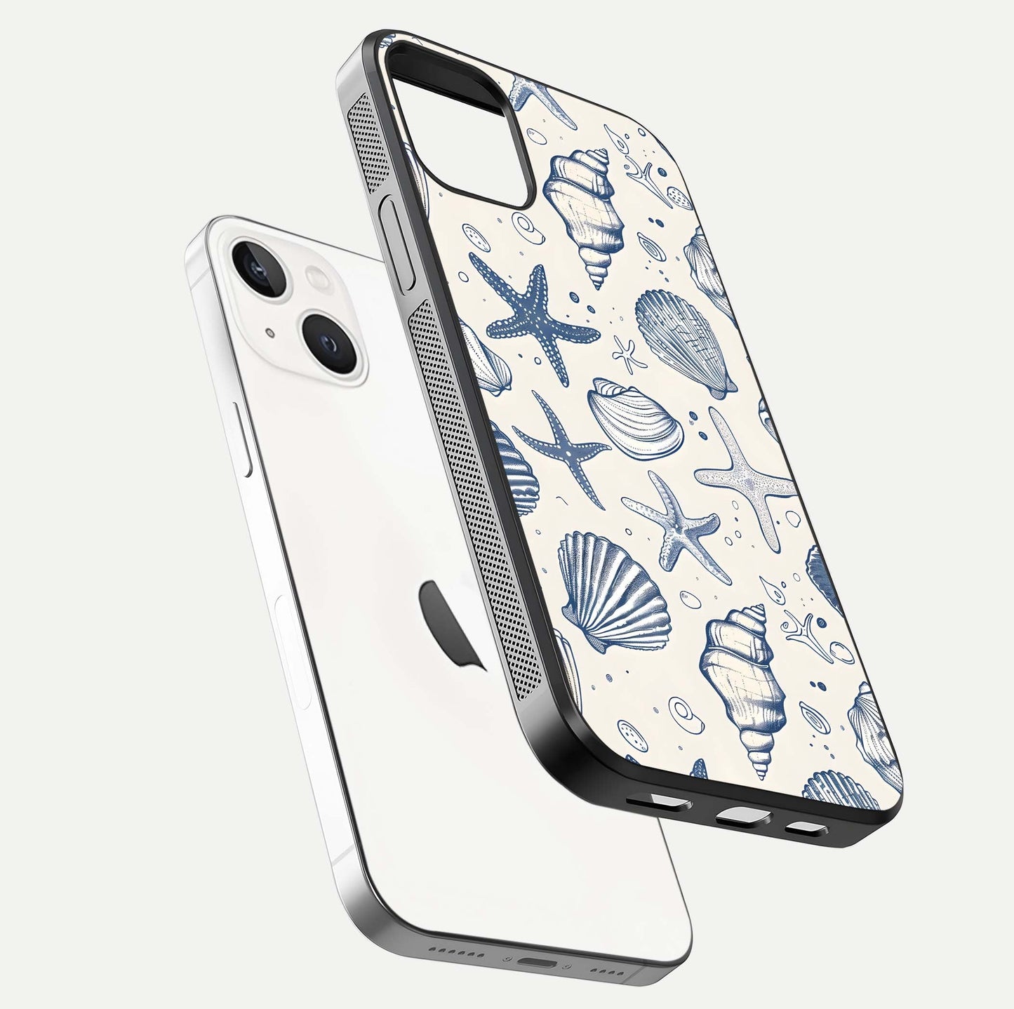 Blue Ocean Outline Glass Case for iPhone 14 floating mockup displaying marine-inspired aesthetic and smooth surface