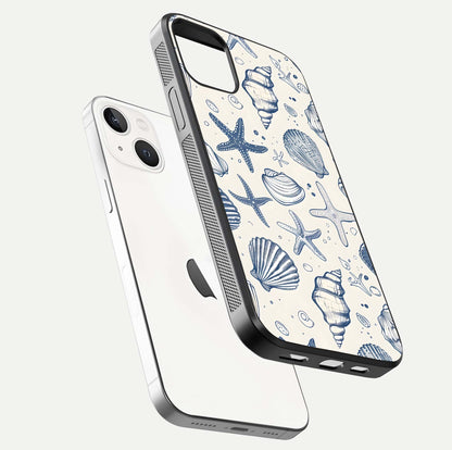 Blue Ocean Outline Glass Case for iPhone 14 floating mockup displaying marine-inspired aesthetic and smooth surface