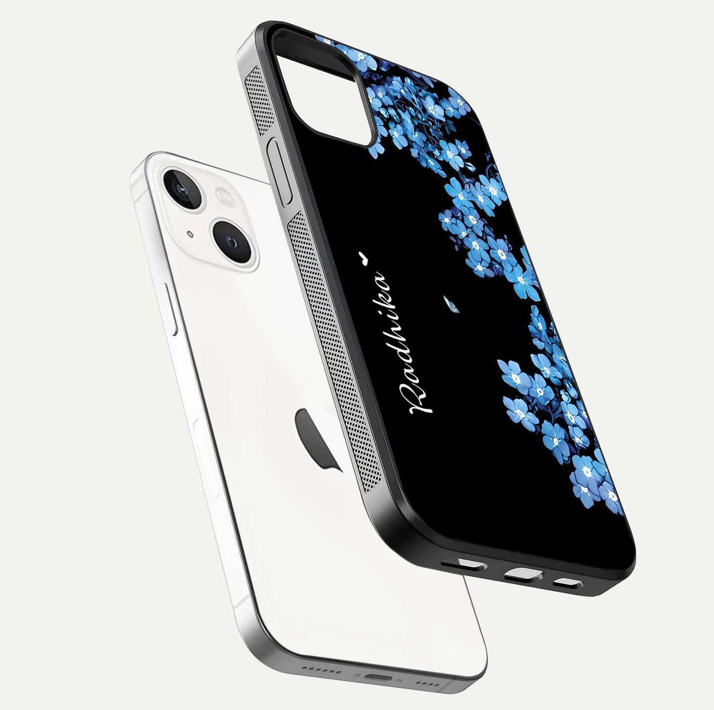 Blue Petal Dream Custom Name Glass Case for iPhone 14 floating mockup capturing floral tones and glass shine