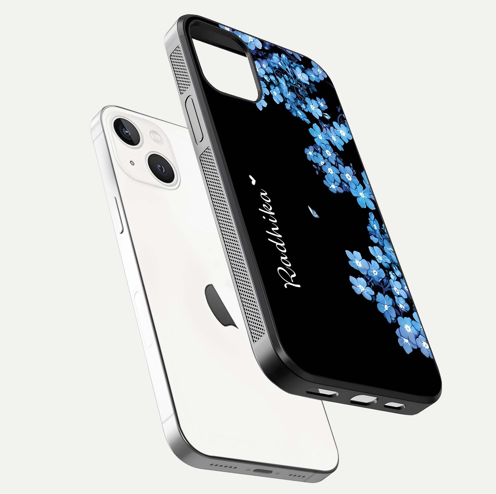 Blue Petal Dream Custom Name Glass Case for iPhone 14 floating mockup capturing floral tones and glass shine