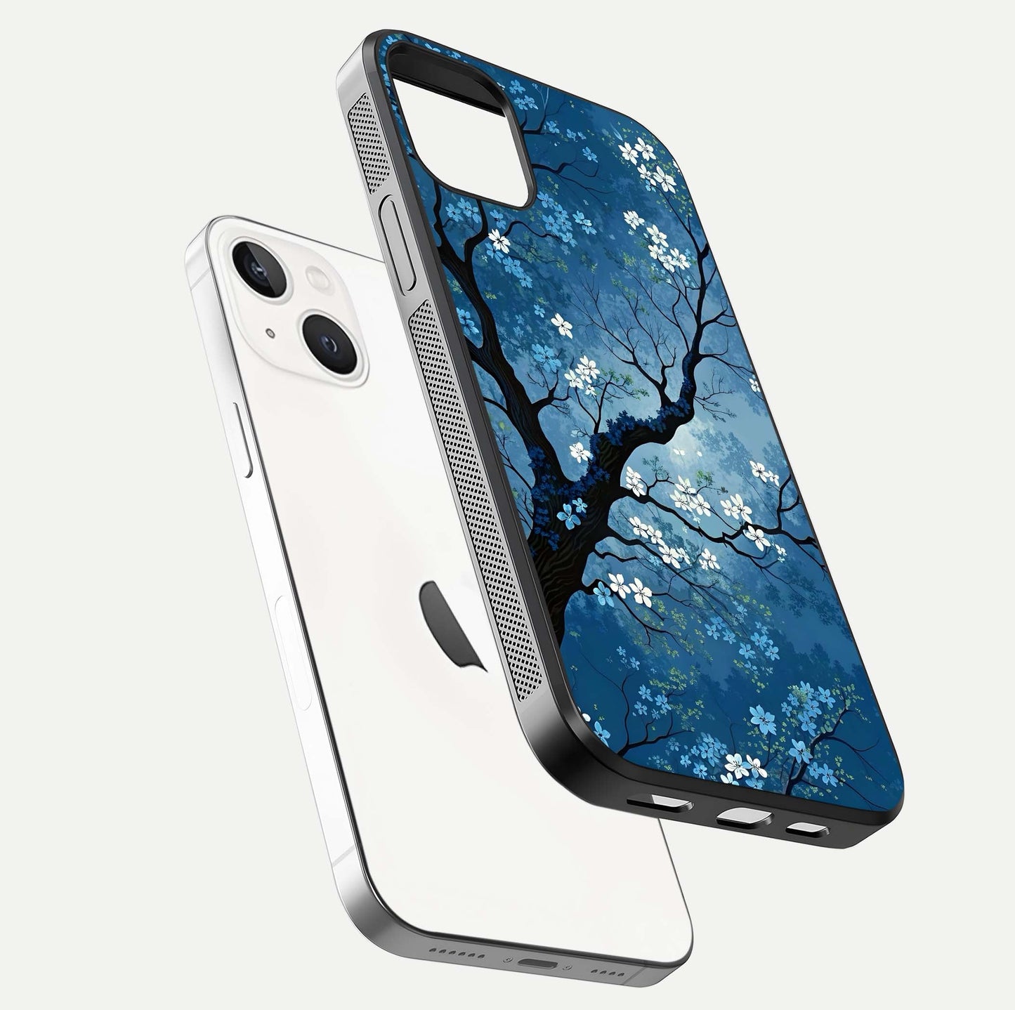 Blue Tree Serenity Glass Case for iPhone 14 floating mockup displaying serene tones and HD glass polish